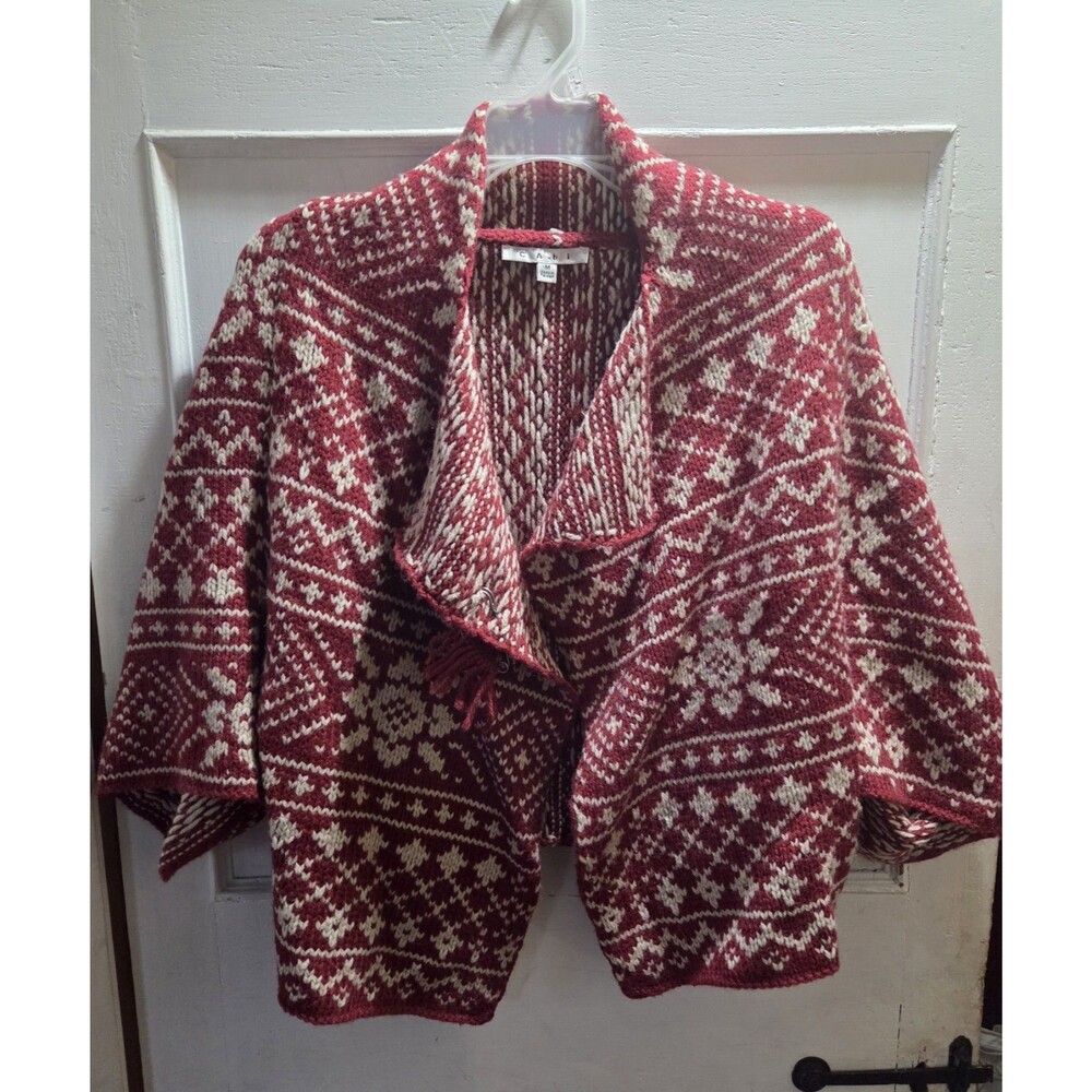 CABI Sweater Size M Red Ivory Fair Isle Nordic Shrug Cardigan 3/4 Sleeve EUC